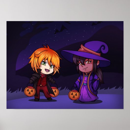 Halloween Witch en Vampire Chibi Poster (Voorkant)