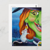 Halloween Witch en White Mouse Waterverf Art Briefkaart (Voorkant / Achterkant)