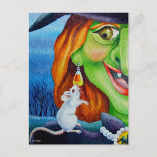 Halloween Witch en White Mouse Waterverf Art Briefkaart