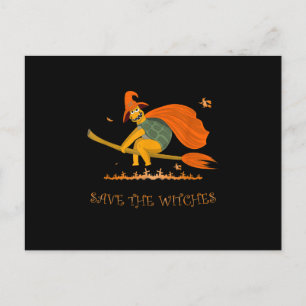 Halloween Witch Flying Turtle Broom Salem Uitnodiging Briefkaart
