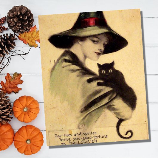 Halloween Witch Holding Black Cat Briefkaart