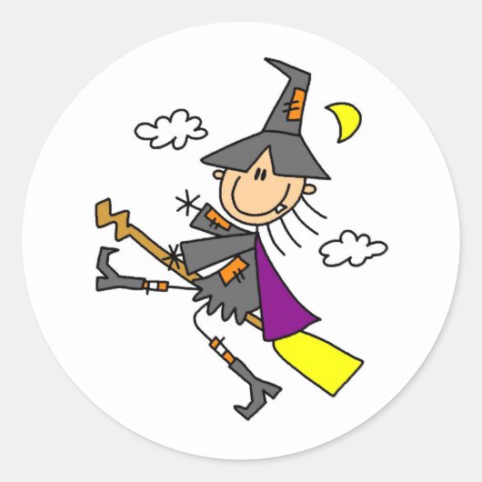 Halloween Witch in Broom Ronde Sticker (Voorkant)