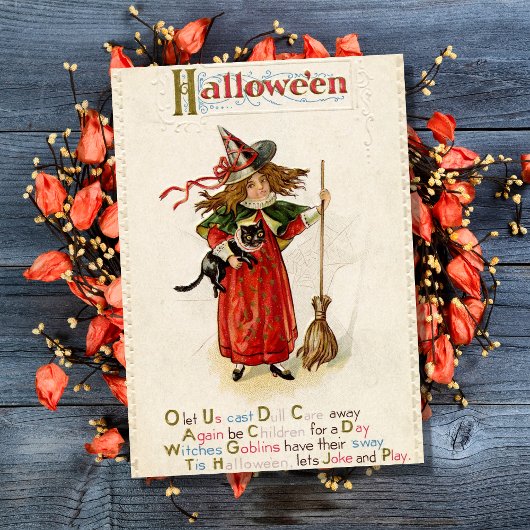 halloween witch meisje met zwarte kat kaart