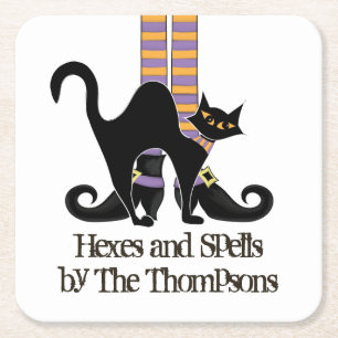 Halloween Witch met Black Cat Cute Whimsical Vierkante Kartonnen Onderzetter