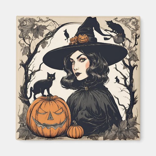 Halloween Witch met Black Cats Magneet (Voorkant)