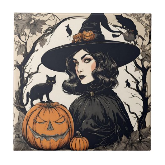 Halloween Witch met Black Cats Tegeltje (Voorkant)