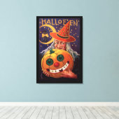 Halloween Witch met Funny Pumpkin Canvas Afdruk (Insitu (Houten vloer))