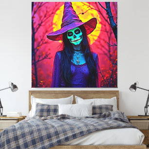 Halloween Witch met Skull Face Design Canvas Afdruk