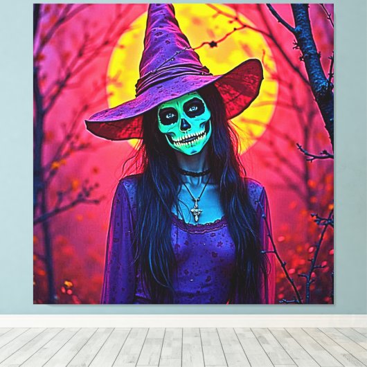 Halloween Witch met Skull Face Design Canvas Afdruk (Insitu (Houten vloer))