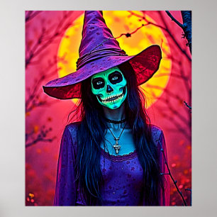 Halloween Witch met Skull Face Design Poster