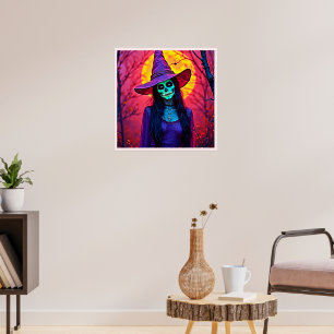 Halloween Witch met Skull Face Design Poster