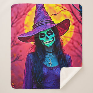 Halloween Witch met Skull Face Design Sherpa Deken