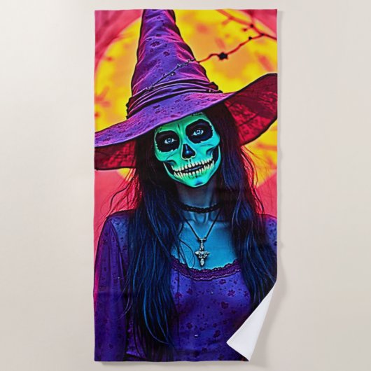 Halloween Witch met Skull Face Design Strandlaken (Voorkant)