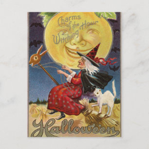 Halloween Witch Moon Cat briefkaart