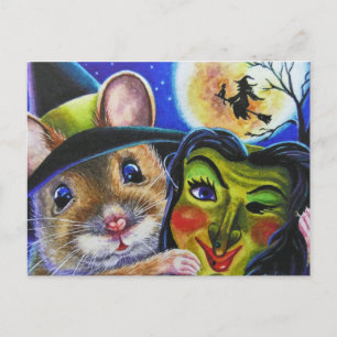 Halloween Witch Mouse Masker Waterverf Art Briefkaart