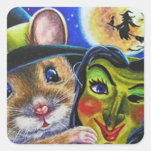 Halloween Witch Mouse  Masker Waterverf Art Vierkante Sticker