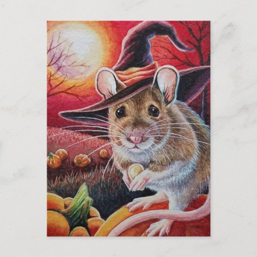 Halloween Witch Mouse Pumpkin Seed Waterverf Art Briefkaart (Voorkant)