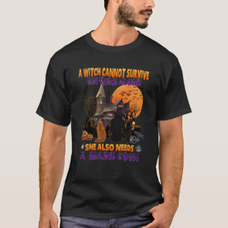Halloween Witch on Wine and Funny Maine Coon Cat C T-shirt