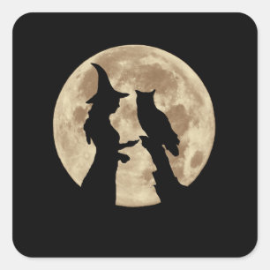 Halloween Witch, Owl and Full Moon Vierkante Sticker