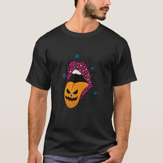 Halloween Witch Pink Lips Leopard Pattern Pumpkin T-shirt (Voorkant)