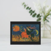Halloween Witch Pumpkin Broomstick Vintage Briefkaart (Staand voorkant)