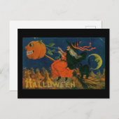 Halloween Witch Pumpkin Broomstick Vintage Briefkaart (Voorkant / Achterkant)