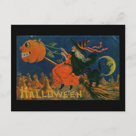 Halloween Witch Pumpkin Broomstick Vintage Briefkaart (Voorkant)