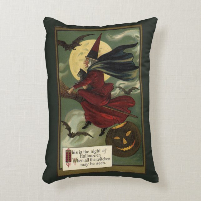  Halloween Witch Riding Broomstick met kat Accent Kussen (Voorkant(Verticaal))