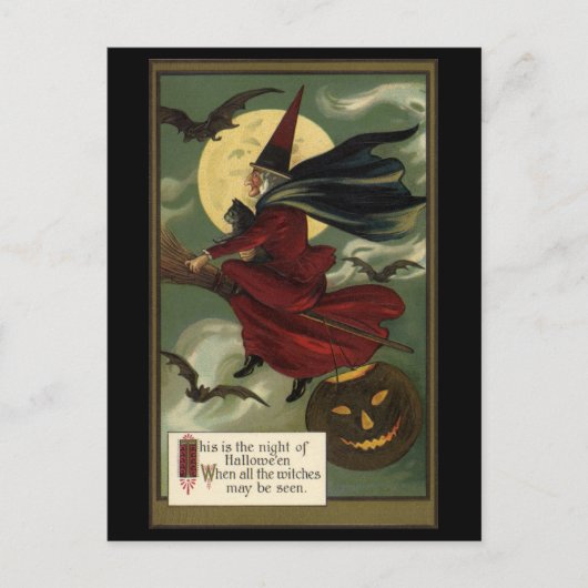 Halloween Witch Riding Broomstick met kat Briefkaart (Voorkant)