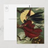  Halloween Witch Riding Broomstick met kat Briefkaart (Voorkant / Achterkant)