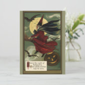 Halloween Witch Riding Broomstick met kat Kaart (Staand voorkant)
