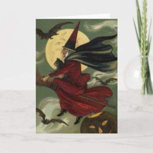 Halloween Witch Riding Broomstick met kat Kaart