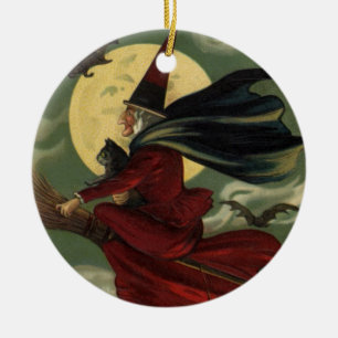 Halloween Witch Riding Broomstick met kat Keramisch Ornament