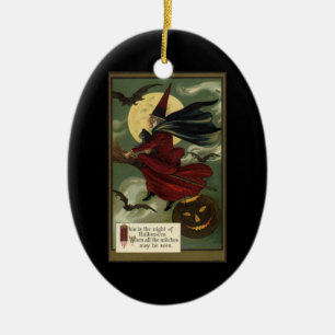 Halloween Witch Riding Broomstick met kat Keramisch Ornament