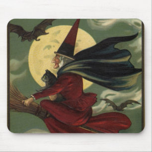  Halloween Witch Riding Broomstick met kat Muismat