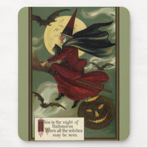 Halloween Witch Riding Broomstick met kat Muismat
