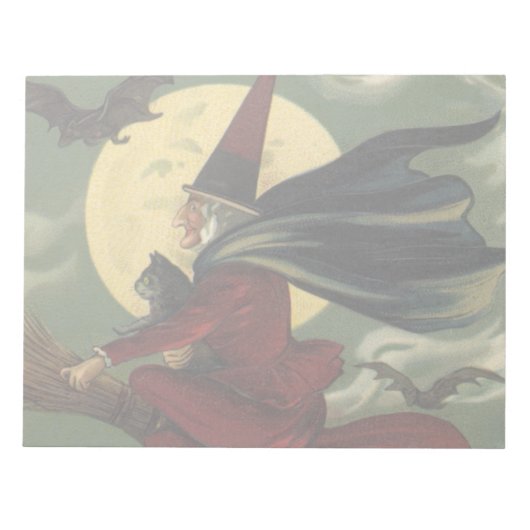 Halloween Witch Riding Broomstick met kat Notitieblok (Voorkant)
