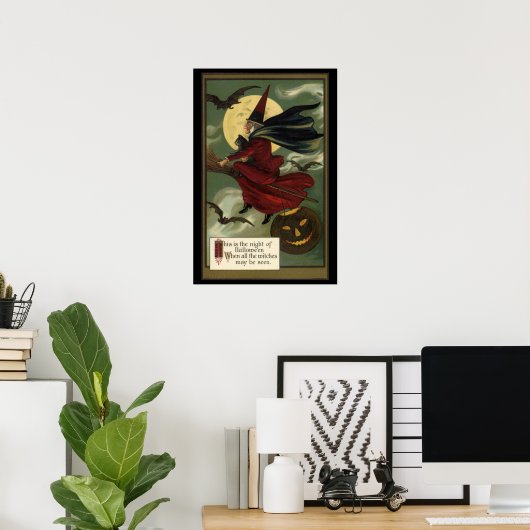  Halloween Witch Riding Broomstick met kat Poster (Thuiskantoor)