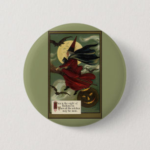  Halloween Witch Riding Broomstick met kat Ronde Button 5,7 Cm