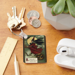  Halloween Witch Riding Broomstick met kat Sleutelhanger