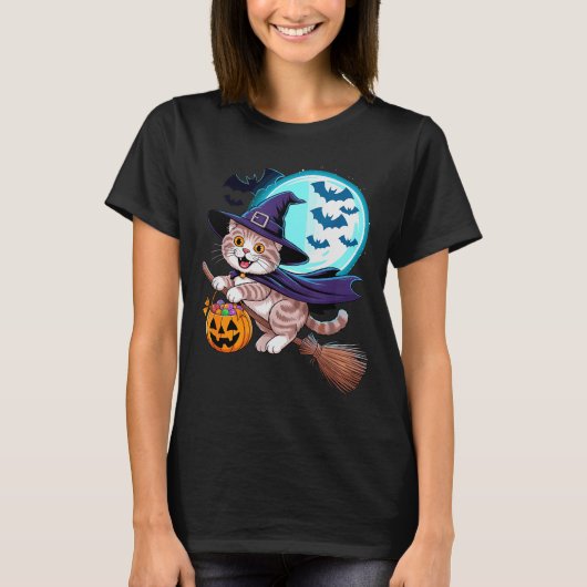 Halloween Witch Scottish Fold Moon Coupari T-shirt (Voorkant)