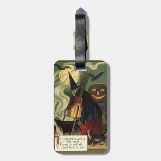  Halloween Witch Stirring Magic Cauldron Bagagelabel (Achterkant verticaal)