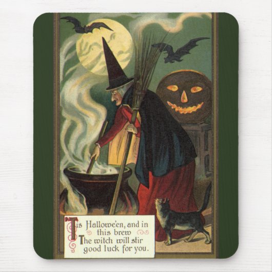 Halloween Witch Stirring Magic Cauldron Muismat (Voorkant)
