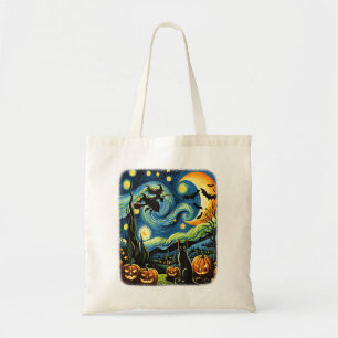 Halloween Witch Van Gogh Sterrennacht Black Cat Pu Tote Bag