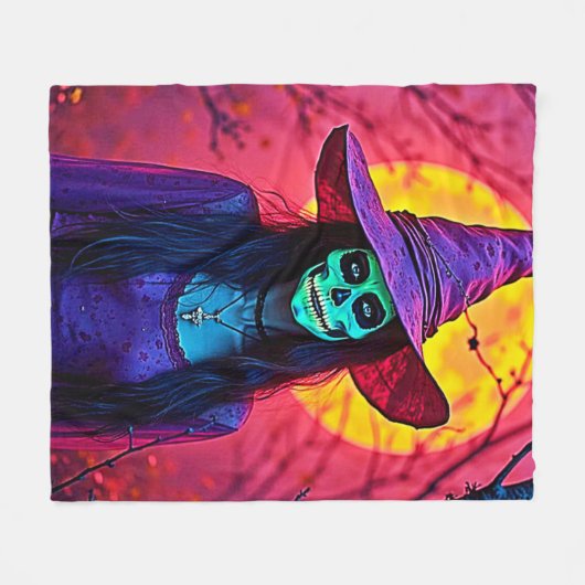 Halloween Witch with Skull Face Design Fleece Deken (Voorkant (Horizontaal))