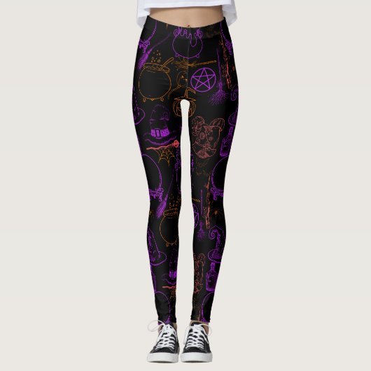 Halloween Witchcraft Patroon Neon 01 Zwart BG Leggings (Voorkant)