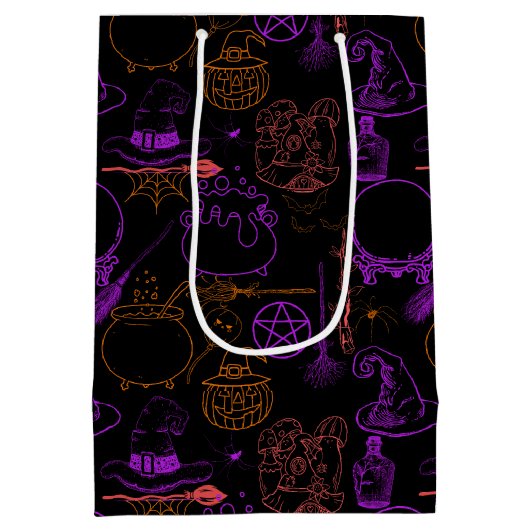 Halloween Witchcraft Patroon Neon 01 Zwart BG Medium Cadeauzakje (Achterkant)