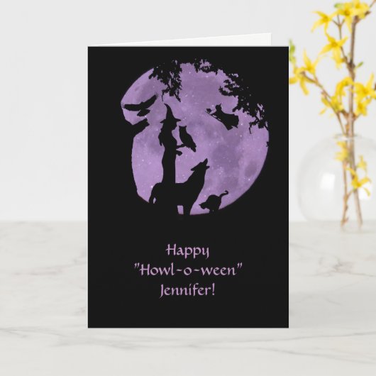 Halloween Witches Custom Name Front Kaart (Gele Bloem)