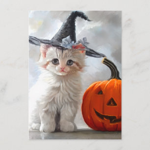  Halloween Witte Kitten en Jack-o'-lantaarn Informatiekaartje