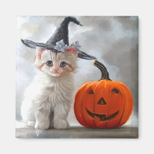 Halloween Witte Kitten en Jack-o'-lantaarn Magneet